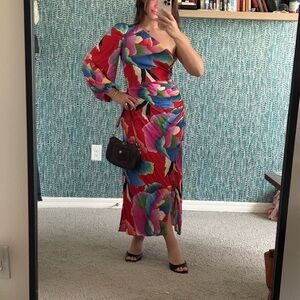 Farm Rio One-Shoulder Slim Floral Red Midi Dress